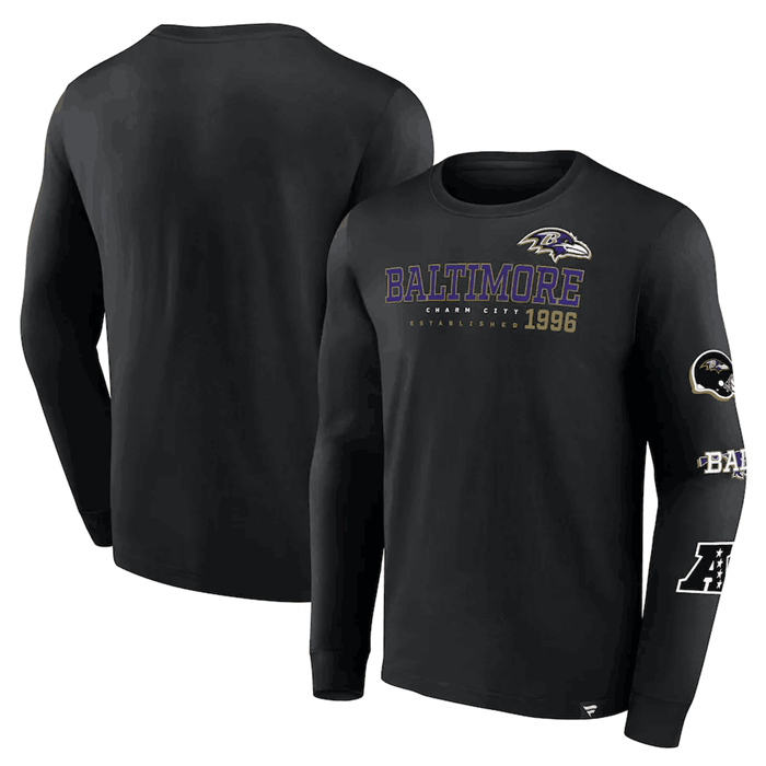 Men's Baltimore Ravens Black High Whip Pitcher Long Sleeve T-Shirt Men's Baltimore Ravens Black High Whip Pitcher Long Sleeve T-Shirt